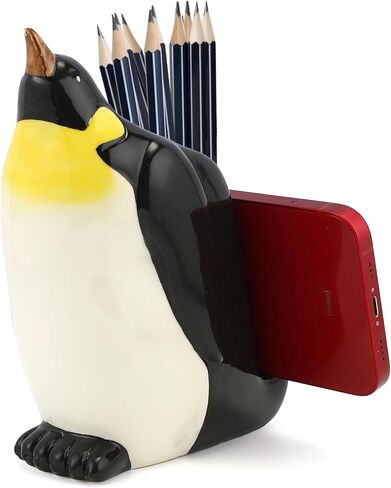 Penguin Pen Pencil Holder with Phone Stand, Resin Penguin Shaped Pen Container Cell Phone Stand Carving Brush Scissor Holder Desk Organizer Decoration for Office Desk Home Decorative in Saudi Arabia