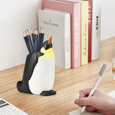 Penguin Pen Pencil Holder with Phone Stand, Resin Penguin Shaped Pen Container Cell Phone Stand Carving Brush Scissor Holder Desk Organizer Decoration for Office Desk Home Decorative in Saudi Arabia