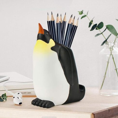 Penguin Pen Pencil Holder with Phone Stand, Resin Penguin Shaped Pen Container Cell Phone Stand Carving Brush Scissor Holder Desk Organizer Decoration for Office Desk Home Decorative in Saudi Arabia