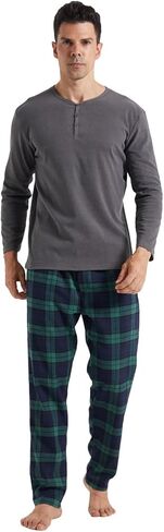 Pajamas for Men Set Long Sleeve Henley Microfleece Shirt Plaid Flannel Pants Comfy Pjs Sleepwear Plush Loungewear in Kuwait