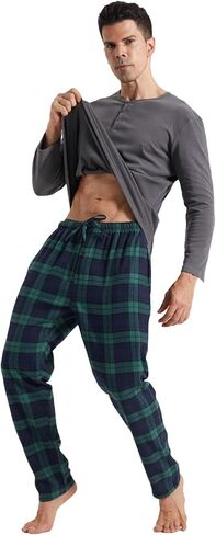 Pajamas for Men Set Long Sleeve Henley Microfleece Shirt Plaid Flannel Pants Comfy Pjs Sleepwear Plush Loungewear in Kuwait