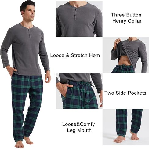 Pajamas for Men Set Long Sleeve Henley Microfleece Shirt Plaid Flannel Pants Comfy Pjs Sleepwear Plush Loungewear in Kuwait