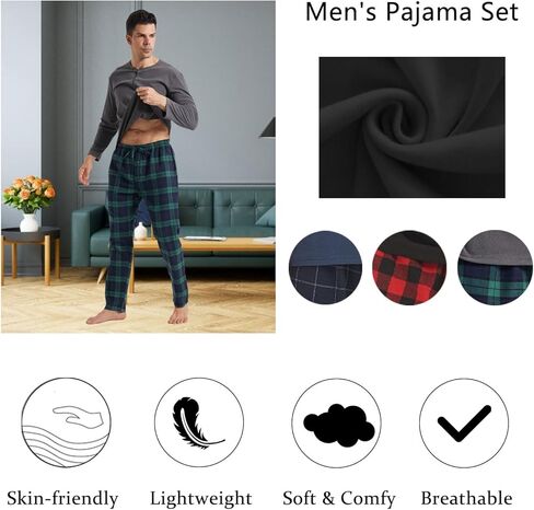 Pajamas for Men Set Long Sleeve Henley Microfleece Shirt Plaid Flannel Pants Comfy Pjs Sleepwear Plush Loungewear in Kuwait