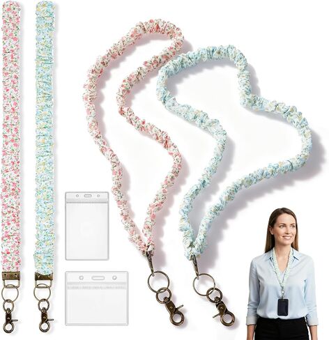 2 Pcs Cute Scrunchie Teacher Lanyards for ID Badges and Keys, Stretchy Neck Lanyard Retractable Scrunchy Lanyard Neck Keychain with ID Holder for Women Teachers Nurses School Office in Saudi Arabia