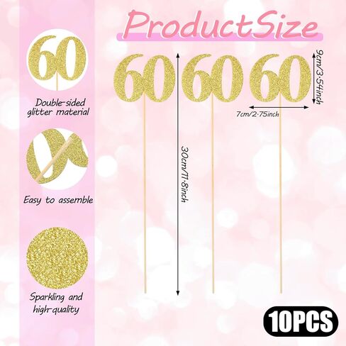 10 Pack Double Sided Glitter 60th Birthday Centerpiece Happy 60th Birthday Centerpiece Sticks Number 60 Table Topper Cake Topper Supplies for Tables Party (Gold) in Saudi Arabia