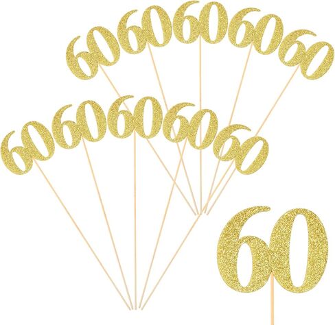 10 Pack Double Sided Glitter 60th Birthday Centerpiece Happy 60th Birthday Centerpiece Sticks Number 60 Table Topper Cake Topper Supplies for Tables Party (Gold) in Saudi Arabia