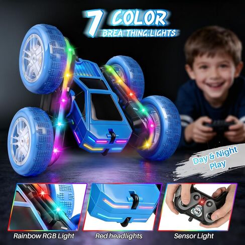 Remote Control Car, Rc Cars Stunt, RC Crawler Toys 4WD 360° Rotating with LED Light-Up Wheels & Remote Control for 6-12 for Boys Birthday Gift (Blue) in Saudi Arabia