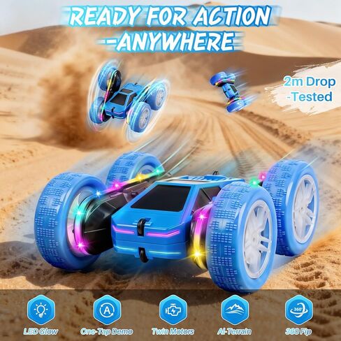 Remote Control Car, Rc Cars Stunt, RC Crawler Toys 4WD 360° Rotating with LED Light-Up Wheels & Remote Control for 6-12 for Boys Birthday Gift (Blue) in Saudi Arabia