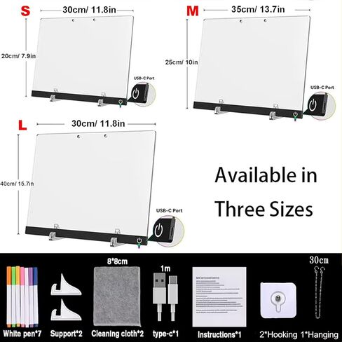 LED Note Board with 7 Colors & 2 Modes, Light Up Acrylic Dry Erase Led Drawing Board with Stand, Includes 7 Markers, Soft Cloth & Hanging Chain, Doodle Glow Board for Kids, Home (M 13.7"X10") in Saudi Arabia