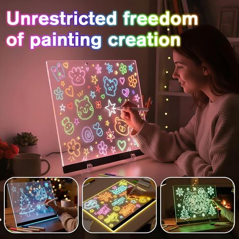LED Note Board with 7 Colors & 2 Modes, Light Up Acrylic Dry Erase Led Drawing Board with Stand, Includes 7 Markers, Soft Cloth & Hanging Chain, Doodle Glow Board for Kids, Home (M 13.7"X10") in Saudi Arabia