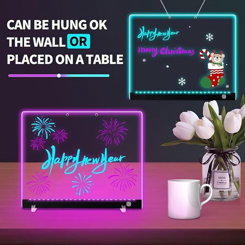 LED Note Board with 7 Colors & 2 Modes, Light Up Acrylic Dry Erase Led Drawing Board with Stand, Includes 7 Markers, Soft Cloth & Hanging Chain, Doodle Glow Board for Kids, Home (M 13.7"X10") in Saudi Arabia