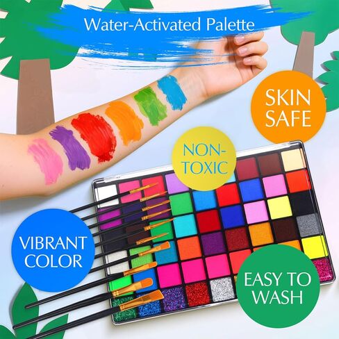 Face Painting Kits for Kids, 34 Vibrant Colors and 10 Brushes, Water-activated Make up Set, Complete Halloween Painting Kit, Easy to Apply and Remove in Kuwait