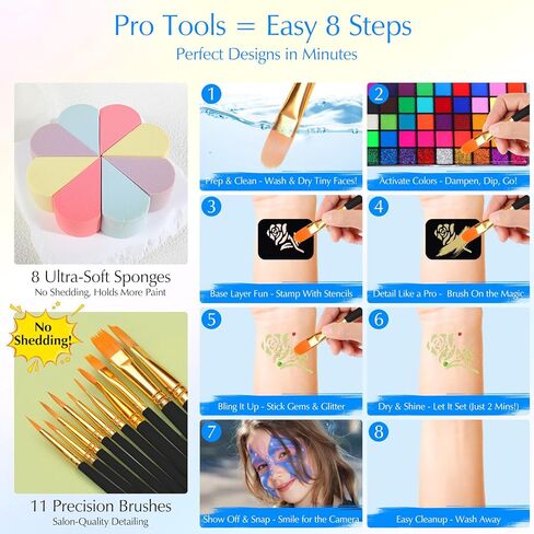 Face Painting Kits for Kids, 34 Vibrant Colors and 10 Brushes, Water-activated Make up Set, Complete Halloween Painting Kit, Easy to Apply and Remove in Kuwait