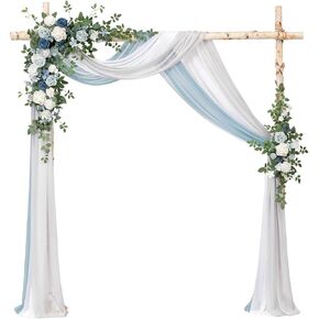 Ling's Moment Deluxe Blue Artificial Wedding Arch Flowers with Drapes Kit-Pack of 5, 2pcs Flower Arrangements 3pcs Hanging Sheer Drapes White Ceremony Arbor Reception Backdrop Rose Floral Decorations in Kuwait