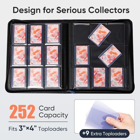 9-Pocket Toploader Binder – Holds 252 Toploaders, 9 Toploaders Included, Card Storage for Trading Cards in 3 x 4'' Toploader, Premium Zippered PU Binder for TCG, Sports Cards in Saudi Arabia
