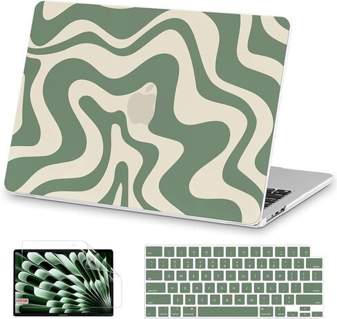 AKIT متوافق مع حافظة MacBook Air 15 بوصة 2025 2024 2023 M4 M3 M2 A3241 A3114 A2941، حافظة كمبيوتر محمول ذات هيكل صلب من البلاستيك بنمط فريد + غطاء لوحة مفاتيح + واقي شاشة لجهاز Mac Air 15 بوصة، موجة خضراء in Kuwait