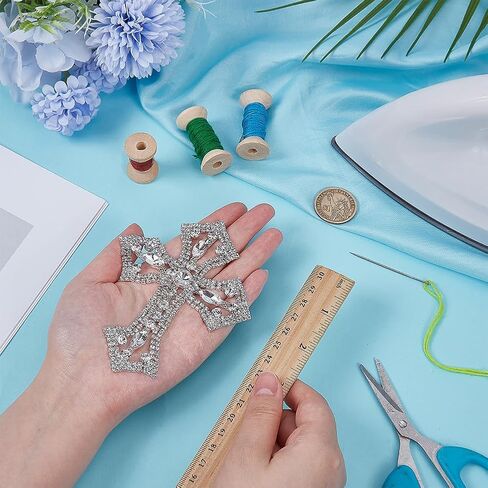 FINGERINSPIRE Silver Rhinestone Cross Applique with Crystal, Cross Alloy Glass Rhinestone Decoration Sew On or Glue On Patches Embellishments for DIY Craft Clothing Bags Hats Shoes Decoration in Saudi Arabia