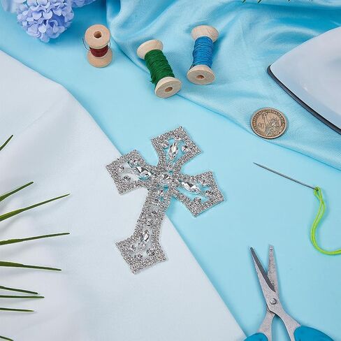 FINGERINSPIRE Silver Rhinestone Cross Applique with Crystal, Cross Alloy Glass Rhinestone Decoration Sew On or Glue On Patches Embellishments for DIY Craft Clothing Bags Hats Shoes Decoration in Saudi Arabia