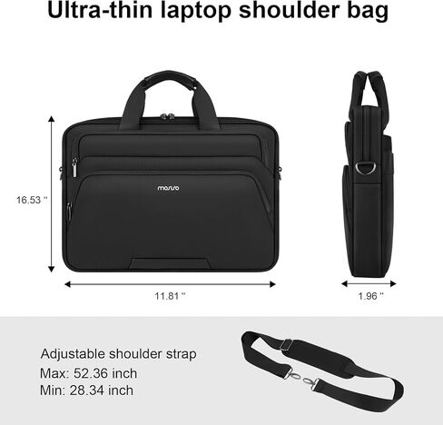 MOSISO Slim Laptop Shoulder Bag, 15-15.6 inch Computer Bags Compatible with MacBook Pro 16 inch, HP, Dell, Lenovo, Asus Notebook, Briefcase Messenger Bag with 2 Front Horizontal Pockets & Belt, Black in Saudi Arabia