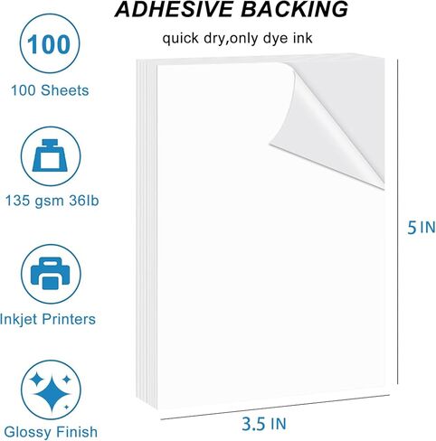 ورق صور لاصق ذاتي مقاس 4 × 6 بوصات ورق لاصق لامع للطابعة النافثة للحبر 100 ورقة 135 جرامًا لكل متر مربع 36Ib حبر صبغ فقط in Kuwait