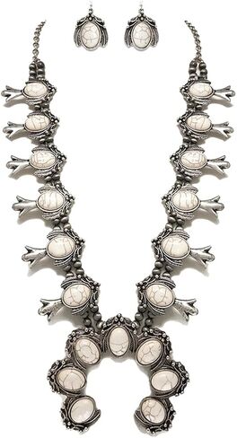 Rosemarie & Jubalee Women's Statement Western Howlite Squash Blossom Necklace Earrings Set, 24"+3" Extension in Kuwait