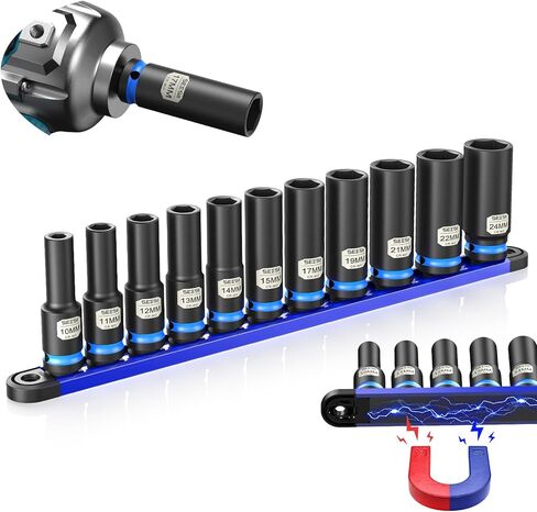 SEESII CR-MO 1/2" Drive Impact Socket Set with Magnetic Organizer, 11pc Deep Metric (10-24mm), 6-Point for Impact Wrench & Ratchet, Professional for Lug Nut, Wheel & Suspension Repair in Saudi Arabia