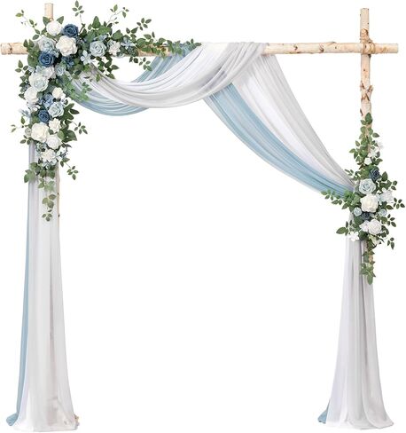 Ling's Moment Deluxe Blue Artificial Wedding Arch Flowers with Drapes Kit-Pack of 5, 2pcs Flower Arrangements 3pcs Hanging Sheer Drapes White Ceremony Arbor Reception Backdrop Rose Floral Decorations in Kuwait