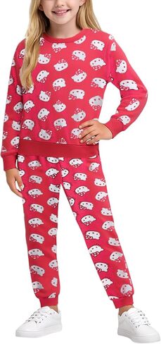 Hello Kitty Girls' Pants Set - 2 Piece Crewneck Sweatshirt and Fleece Pants - Matching Outfit for Girls (2T-12), Size 5-6, White/Aurora Pink in Kuwait
