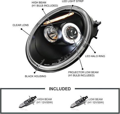SPEC-D TUNING Chrome Housing Clear Lens Projector Headlights Compatible with 1998-2005 Volkswagen Beetle With Factory Halogen Headlight, Left + Right Pair Headlamps Assembly in Saudi Arabia