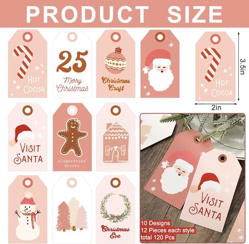 120Pcs Christmas Paper Gift Tags with Hemp Rope Pink Xmas Tree Snowman Santa Hanging Labels for Winter Gift Wrapping DIY Crafts Party Favor Decor, 12 Designs in Saudi Arabia