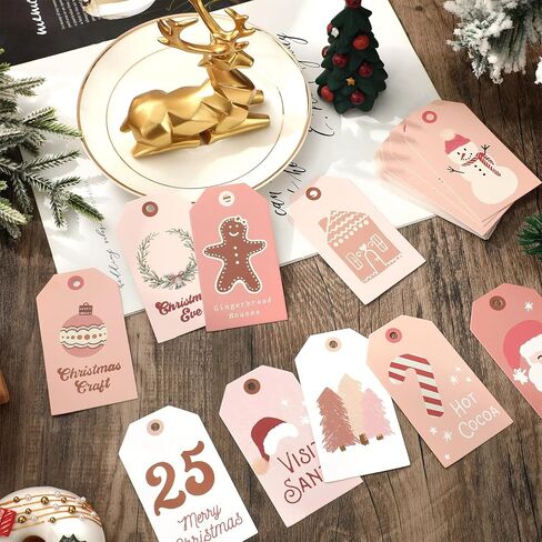 120Pcs Christmas Paper Gift Tags with Hemp Rope Pink Xmas Tree Snowman Santa Hanging Labels for Winter Gift Wrapping DIY Crafts Party Favor Decor, 12 Designs in Saudi Arabia