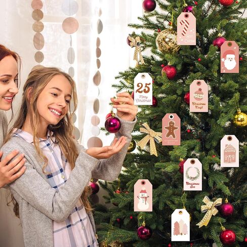 120Pcs Christmas Paper Gift Tags with Hemp Rope Pink Xmas Tree Snowman Santa Hanging Labels for Winter Gift Wrapping DIY Crafts Party Favor Decor, 12 Designs in Saudi Arabia
