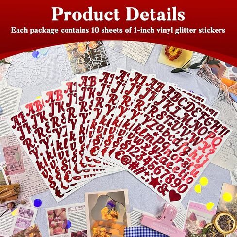 880 Small Glitter Alphabet Number Stickers,10 Sheets Glitter 1 Inch Self-Adhesive Vinyl Letters Sticker Decals for Scrapbooks,Greeting Cards,Holiday Parties,Envelopes - Red in Kuwait