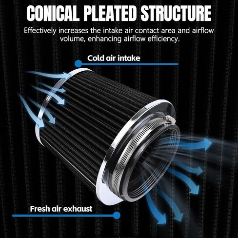 Hovom Universal Clamp-On Air Intake Filter, 76 89 102MM (3/3.5/4in) High Flow Round Tapered Cold Air Intake Filter, High Performance, Washable & Reusable, Engine Filters Replacement (Black) in Saudi Arabia