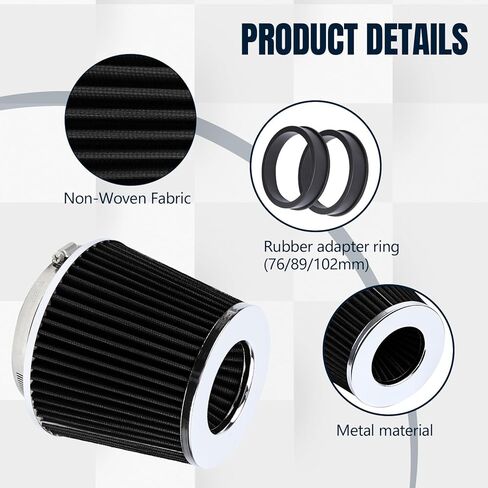Hovom Universal Clamp-On Air Intake Filter, 76 89 102MM (3/3.5/4in) High Flow Round Tapered Cold Air Intake Filter, High Performance, Washable & Reusable, Engine Filters Replacement (Black) in Saudi Arabia