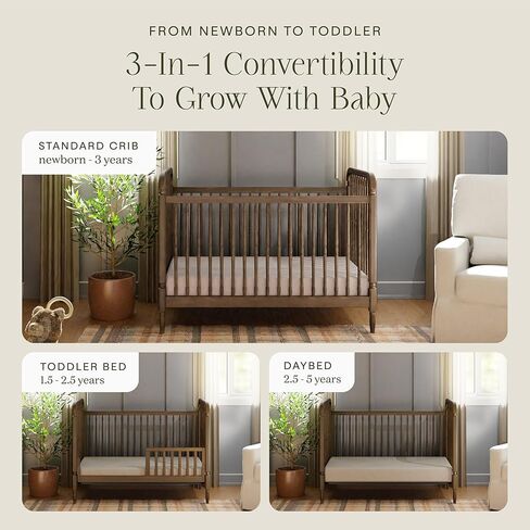 Namesake Liberty 3-in-1 Convertible Spindle Crib, Natural Walnut | GREENGUARD Gold & FSC Certified, Converts to Toddler Bed & Daybed, 4 Adjustable Heights, Toddler Conversion Kit Included in Saudi Arabia