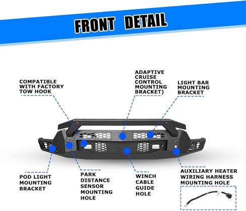 المصد الأمامي من Nixon Offroad Chevy لـ 2022-2025 Chevy شيفروليه سيلفرادو 1500 (باستثناء موديلات ZR2/LTD)، المصد الأمامي مع قضيب الثور/ 2 مصباح LED، مع وحدة ACC/مستشعرات وقوف السيارات OEM/خطاف سحب المصنع in Kuwait