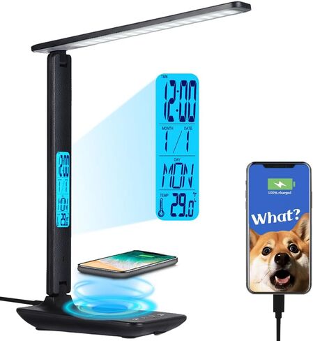 مصباح مكتب LED متعدد الوظائف مع شاحن لاسلكي، منفذ شحن USB، ساعة، حامل هاتف، مصابيح مكتب للمكتب المنزلي، مصباح قراءة للعناية بالعين، مصباح دراسة للأولاد والبنات والمراهقين، أسود in Kuwait