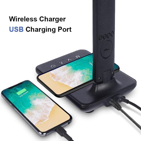 مصباح مكتب LED متعدد الوظائف مع شاحن لاسلكي، منفذ شحن USB، ساعة، حامل هاتف، مصابيح مكتب للمكتب المنزلي، مصباح قراءة للعناية بالعين، مصباح دراسة للأولاد والبنات والمراهقين، أسود in Kuwait