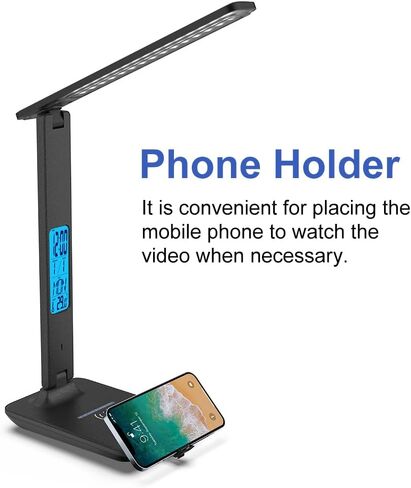 مصباح مكتب LED متعدد الوظائف مع شاحن لاسلكي، منفذ شحن USB، ساعة، حامل هاتف، مصابيح مكتب للمكتب المنزلي، مصباح قراءة للعناية بالعين، مصباح دراسة للأولاد والبنات والمراهقين، أسود in Kuwait