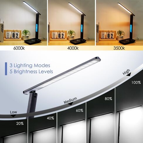 مصباح مكتب LED متعدد الوظائف مع شاحن لاسلكي، منفذ شحن USB، ساعة، حامل هاتف، مصابيح مكتب للمكتب المنزلي، مصباح قراءة للعناية بالعين، مصباح دراسة للأولاد والبنات والمراهقين، أسود in Kuwait