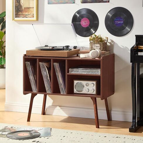 Lerliuo Record Player Stand with 4 Cabinet Holds Up to 220 Albums,Burlywood in Kuwait