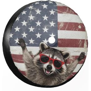 18 Inch Little Raccoon American Flag Leather Spare Tire Cover with Backup Camera Hole Universal Wheel Protector for Wrangler Jl SUV Rv Trailer Camper Truck in Saudi Arabia