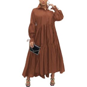 Women's Long Sleeve Maxi Shirt Dress Elegant Button Down Loose Swing Party Dress in Kuwait