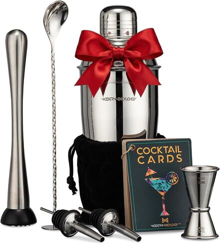 Mixology Cocktail Shaker Set Drink Mixer, 8-Piece Portable Bartender Kit with 24oz Martini Shaker Barware Tool Set, 2 Pourers, Muddler, Jigger, Mixing Spoon, Velvet Bag, Built-in Strainer (Black) in Saudi Arabia