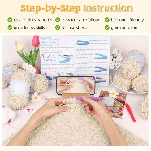 Aeelike Blanket Crochet Kit for Beginners, Easy Crochet Blanket Kit with Soft Chenille Yarns Detailed Instruction Crocheting Accessories Complete Beginners Crocheting Kits, Khaki in Saudi Arabia