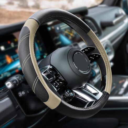 غطاء عجلة قيادة السيارة، واقي عجلة القيادة، غطاء جلدي متين مع بطانة مضادة للانزلاق، ملحقات السيارة عجلات قيادة من الألياف الدقيقة قابلة للتنفس مقاس 15 بوصة تناسب معظم المركبات (أسود) in Kuwait