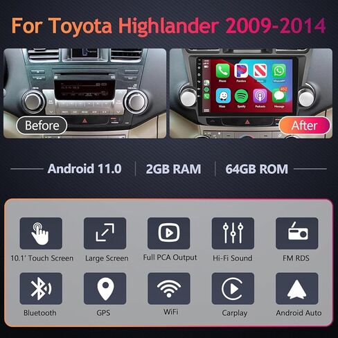 10.1" HD 2.5D IPS Touch Screen Bluetooth Car Radio for 2009-2014 Toyota Highlander with Wireless CarPlay Android Auto Mirrorlink, Podofo Android Stereo with GPS WiFi HiFi Audio 16 EQ Rear Camera in Saudi Arabia