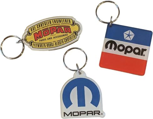Mopar Keychain 3-Pack – Vintage Yellow, Classic Red/White/Blue Pentastar, and Blue Omega M Logos – Acrylic Key Ring Set for Car Enthusiasts – Officially Licensed – Made in USA in Saudi Arabia