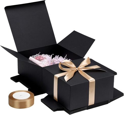 EUSOAR Gift Boxes for Presents, 10 Pcs 8"x8"x4" Black 400gsm Cardboard Sturdy Gift Box with Ribbon, Wedding Bridal Party Groomsmen Bridesmaid Proposal Box for Crafting Candle Coffee Mugs Homemade Soap in Saudi Arabia